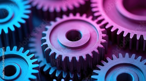 A close-up view of interlocking gears with vibrant blue and purple lighting. Ideal for technology and engineering themes.