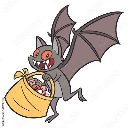 Cartoon bat with large eyes and wings carrying a yellow basket filled with halloween candy treats design