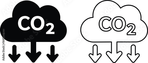 CO2 Emissions Cloud Icons with Downward Arrows Black and Outline carbon dioxide pollution