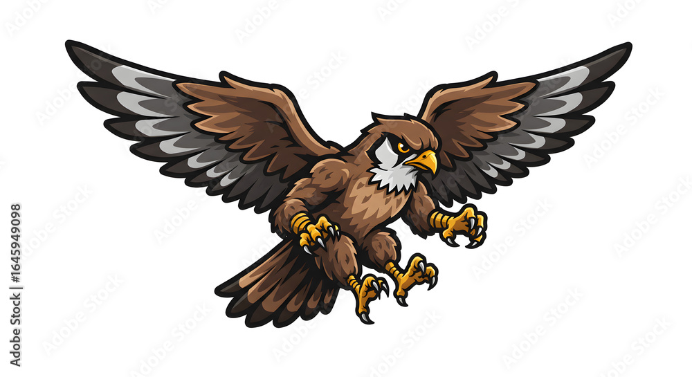 Obraz premium Dynamic illustration of a powerful flying hawk raptor, an ideal emblem or mascot for sports teams, businesses, or organizations seeking a symbol of strength, agility, and fierce determination.