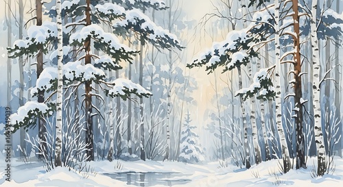 A watercolor painting of a snowy forest with birch and pine trees covered in snow on a winter day