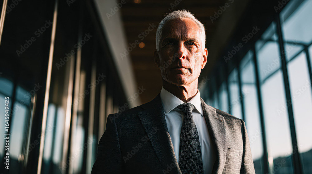 Fototapeta premium A confident businessman stands in a sleek corridor, illuminated by dramatic lighting, exuding professionalism and authority.