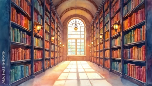 Watercolor painting of grand library interior  walls lined with colorful books on shelves. Sunlight streams through large arched window  illuminating aisle. Vintage lamps cast warm light. Evokes