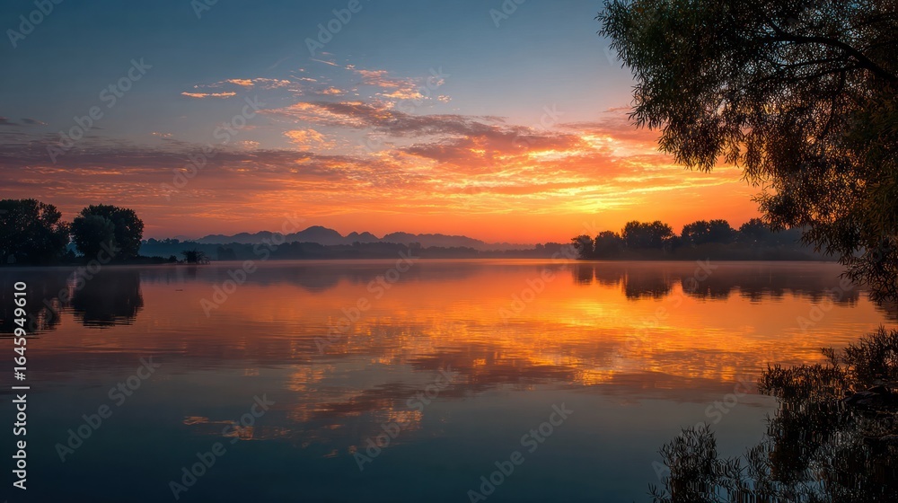 Fototapeta premium Early morning sunrise over still waters, inspiring peace and relaxation