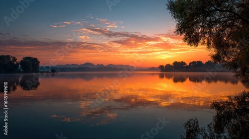 Fototapeta Naklejka Na Ścianę i Meble -  Early morning sunrise over still waters, inspiring peace and relaxation