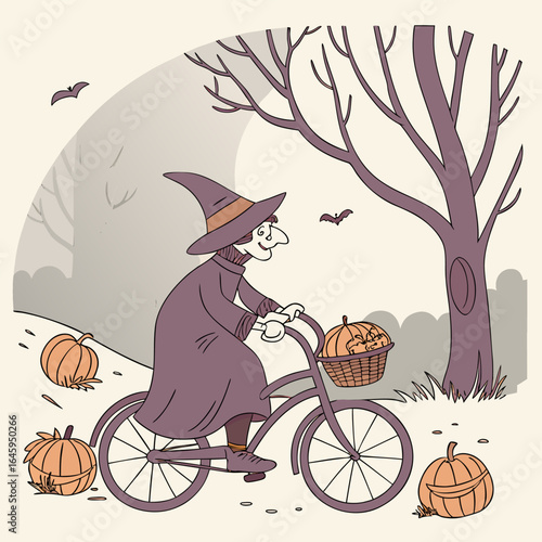 A witch riding a bicycle with pumpkins in a basket in a spooky forest with bats and bare trees around her
