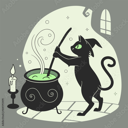 A black cat wearing a witch hat stirring a green potion in a cauldron next to a lit candle indoors