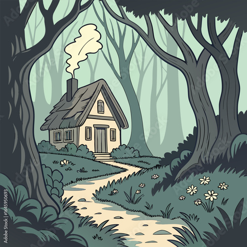 Illustration of a cozy cottage with smoke coming from the chimney surrounded by trees in a forest scene