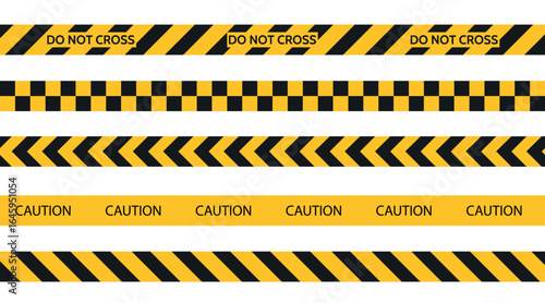 Set of safety Caution tapes. Yellow warning tapes. Abstract stripes for police, traffic accidents, and construction sites. Danger tape. Seamless vector collection