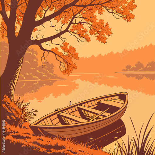 A serene autumn scene featuring a rowboat on a calm lake with trees in warm orange and brown tones nearby