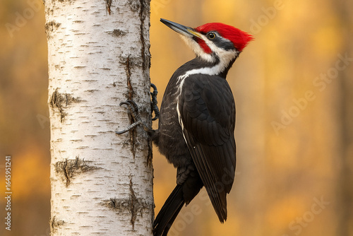 Majestic pileated woodpecker perched on a birch tree trunk