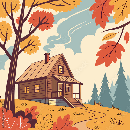 Illustration of a cozy cabin in the woods during autumn with colorful leaves and a path leading to it