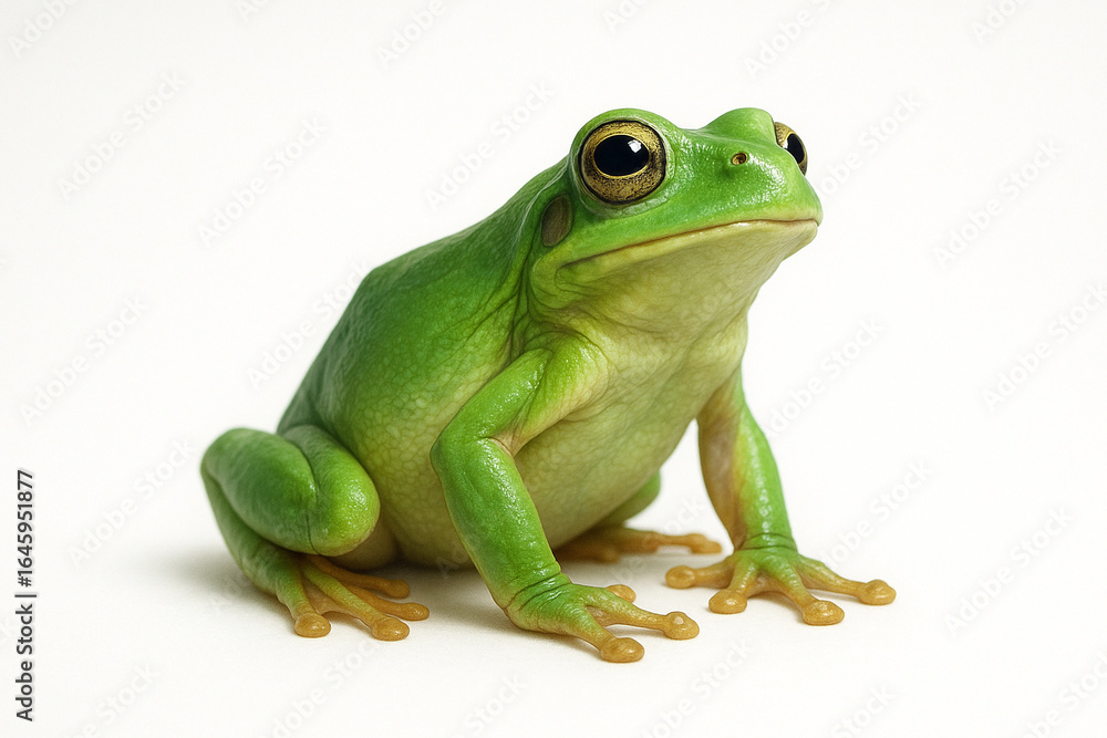Fototapeta premium Bright green tree frog with big eyes on white background