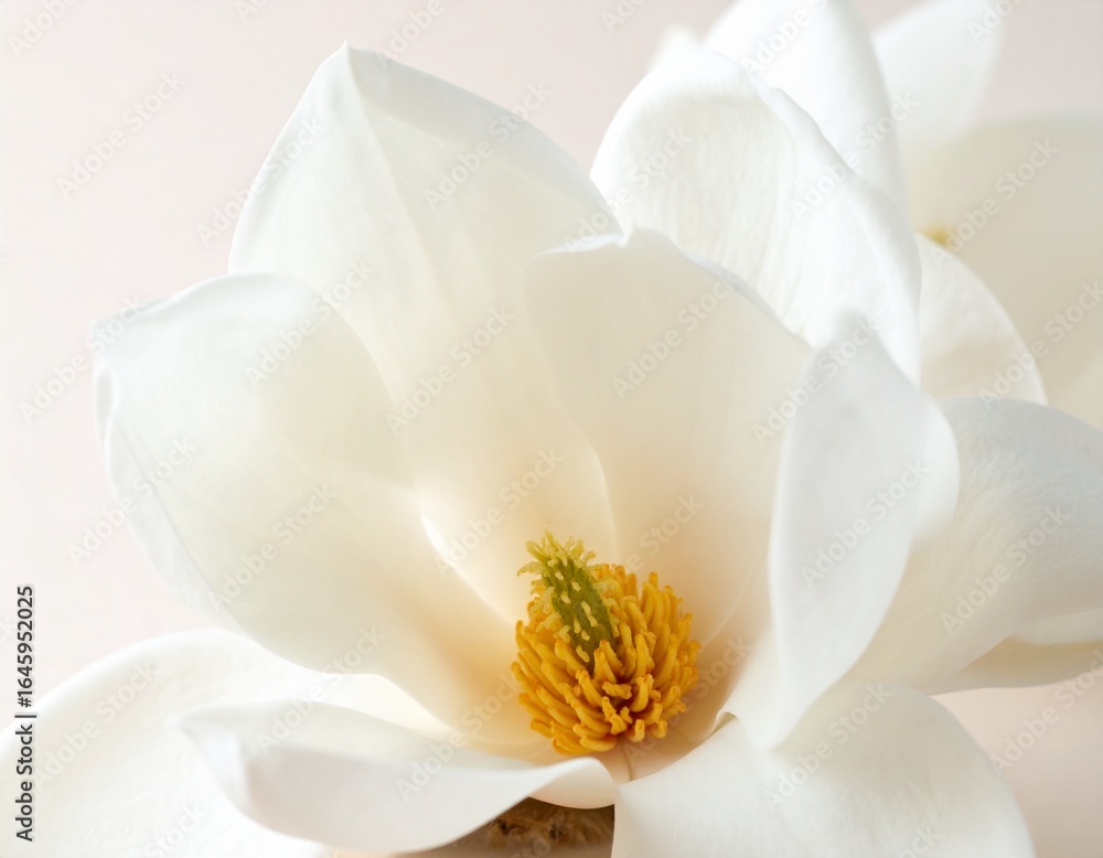 Fototapeta premium close-up photograph showcases the pristine white petals and vibrant yellow and green center of a blooming magnolia flower. Another slightly blurred magnolia blossom lies in the soft focus background, 