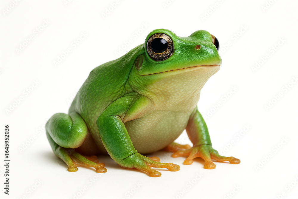 Fototapeta premium Vibrant green tree frog with large eyes on a white background