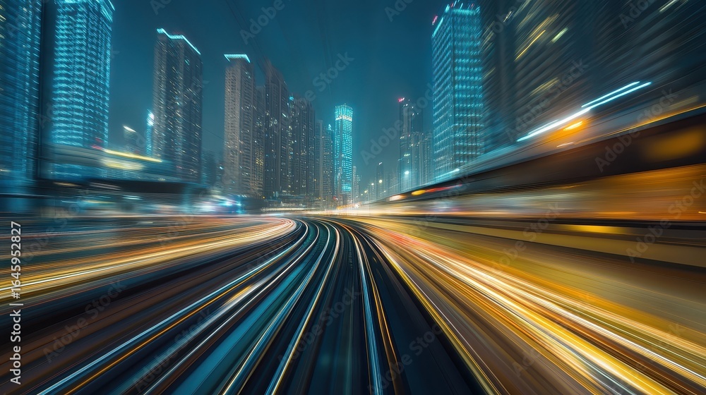 Obraz premium A city with a train moving through it