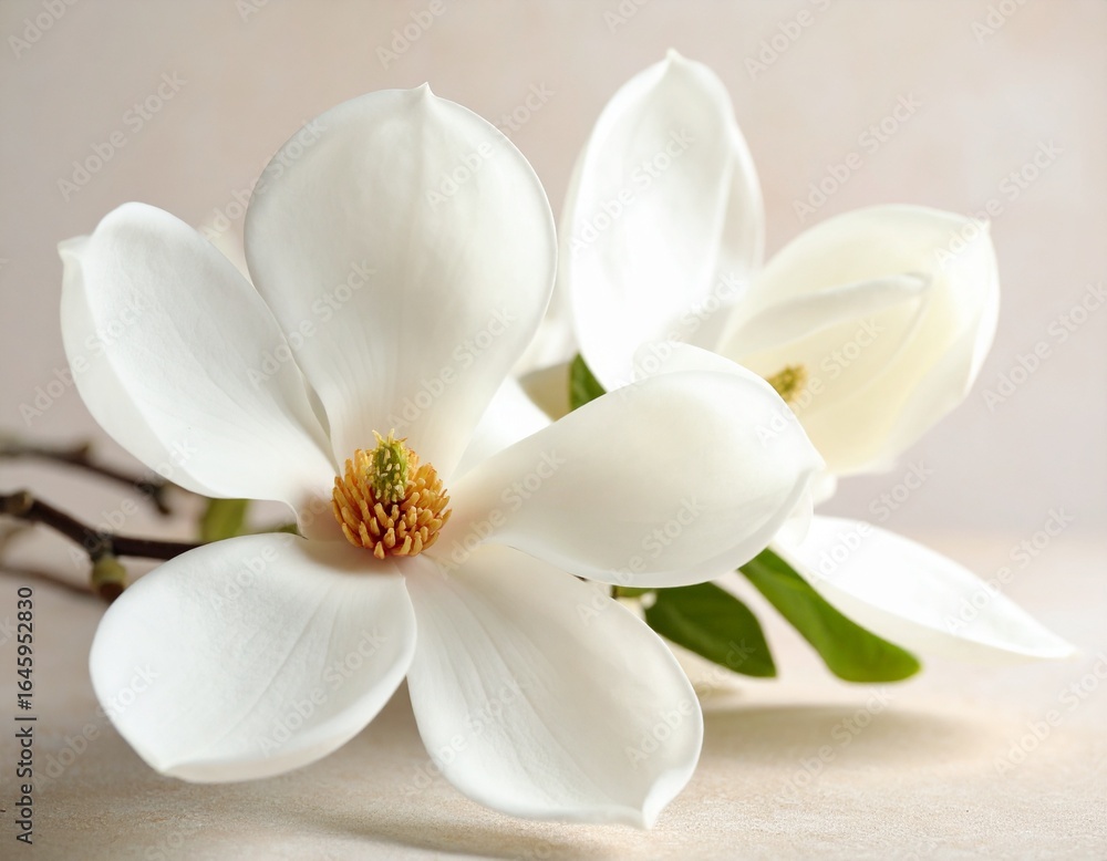 Obraz premium close-up photograph showcases the pristine white petals and vibrant yellow and green center of a blooming magnolia flower. Another slightly blurred magnolia blossom lies in the soft focus background,