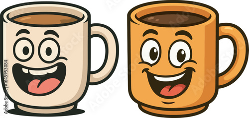 Smiling Coffee Mug Cartoon Characters ☕: A pair of cute and happy mug mascots. Perfect for a coffee shop logo, menu, or stickers.