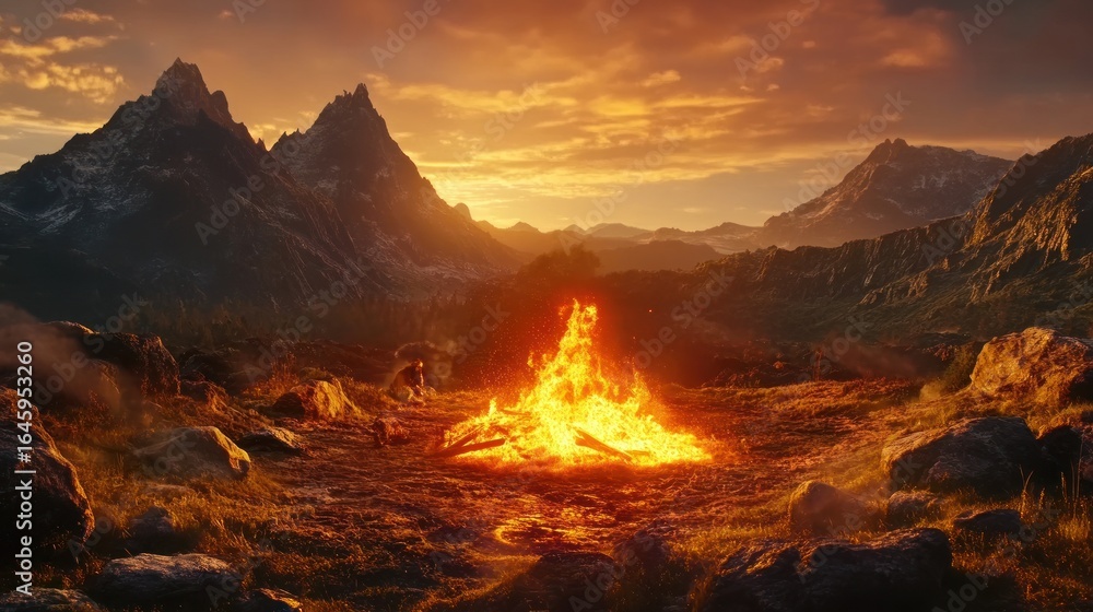 Fototapeta premium Campfire amidst rugged mountains under a golden sunset offering warmth and solitude to wanderers