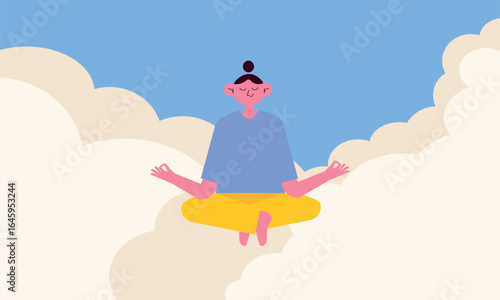Vector illustration of a person meditating in lotus pose among clouds in the sky. Flat minimal design with peaceful and dreamy atmosphere. Concept of mindfulness, relaxation, meditation, and inner bal