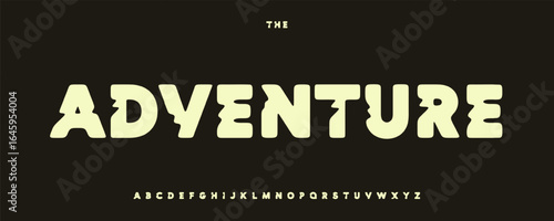 Vintage block alphabet, rugged outdoor font, bold sharp geometric letters for sport hiking headline, mountain poster typography, heavy adventure typographic design. Vector typeset.