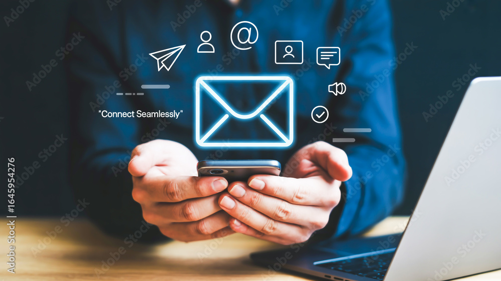 A digital marketing and communication concept image with a dark blue background