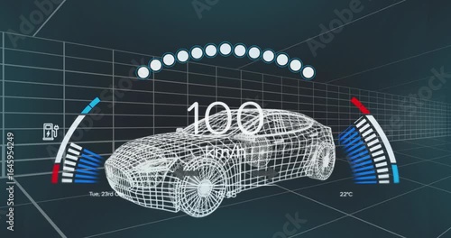 Wireframe car speed reading rising triggers gauges and rings showing speeding up then slowing down