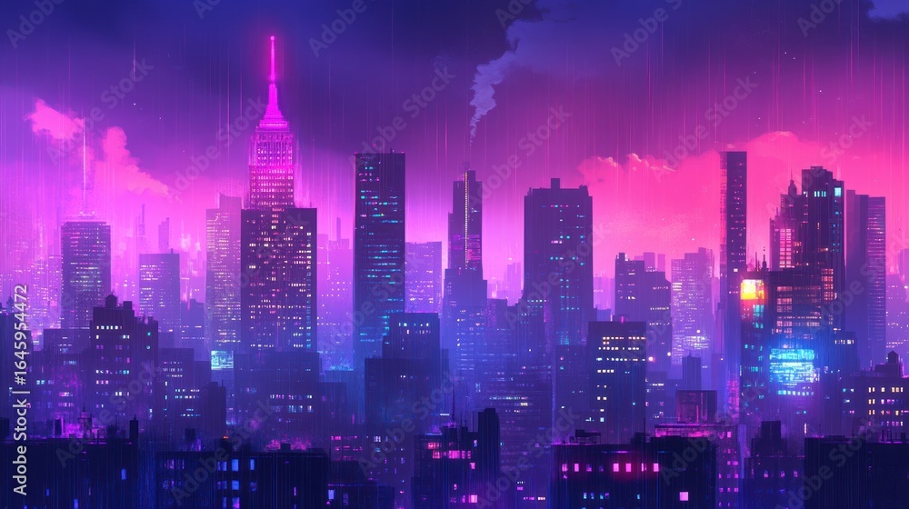 Obraz premium Vibrant cityscape illuminated with neon hues under a dreamy purple and pink sunset