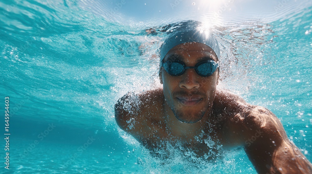Naklejka premium A man swims underwater in a clear blue pool, showcasing his athleticism and focus. The scene captures a sense of freedom and enjoyment in water activities.