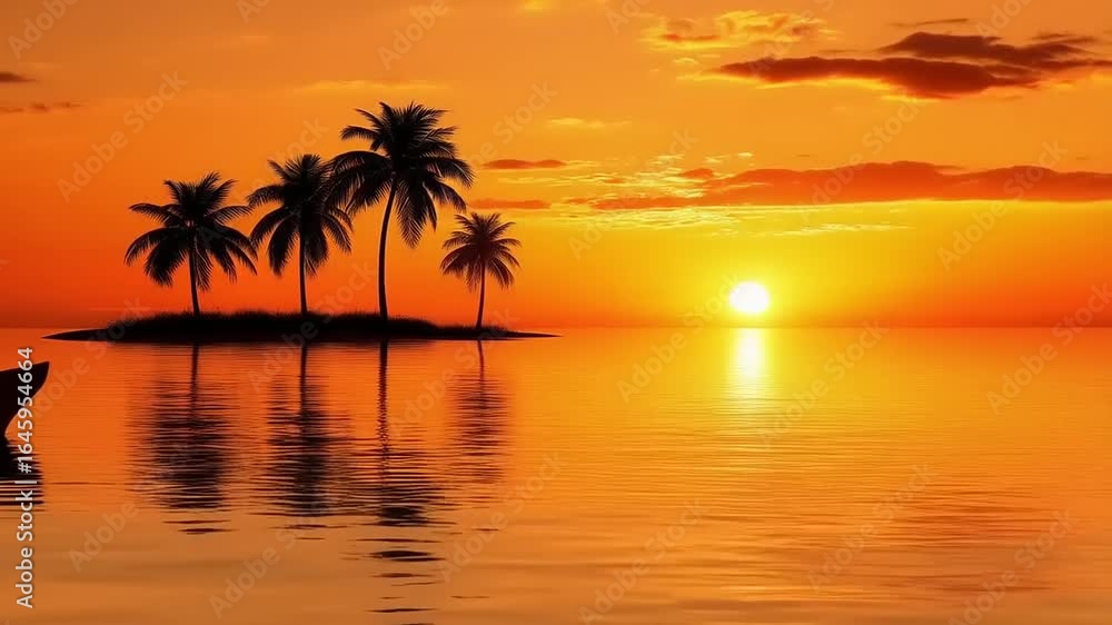 Serene Tropical Island Sunset with Palm Trees and Tranquil Boat Ride Serene Tropical Island Sunset with Palm Trees and Tranquil Boat Ride