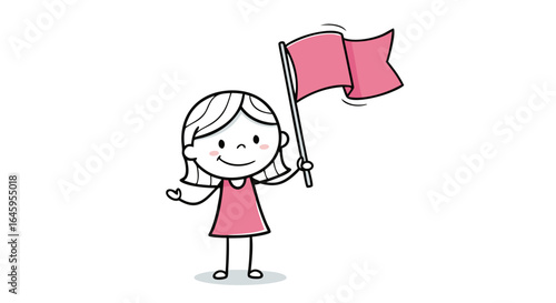 Joyful girl cheerfully waves pink flag celebrating success and achievements with bright enthusiasm