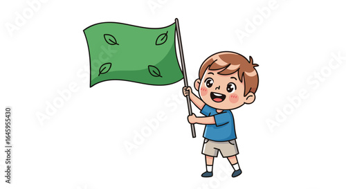 Joyful child proudly holds green flag with leaf symbols, celebrating nature or eco-friendly movement