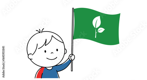 Young child proudly holds green flag with sprout symbol, promoting environmental awareness and growth