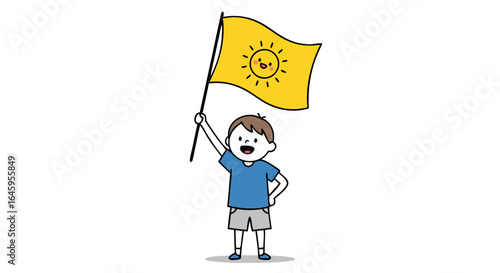 Joyful child proudly waves a sunny day flag, celebrating brightness and optimism in a cheerful scene.