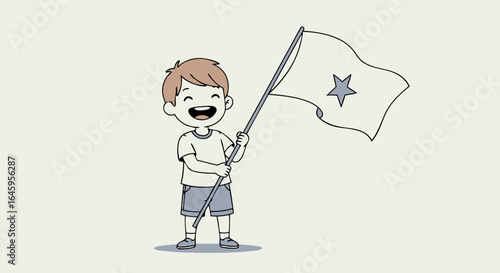 Joyful child proudly waves star flag celebrating victory or national pride with infectious enthusiasm
