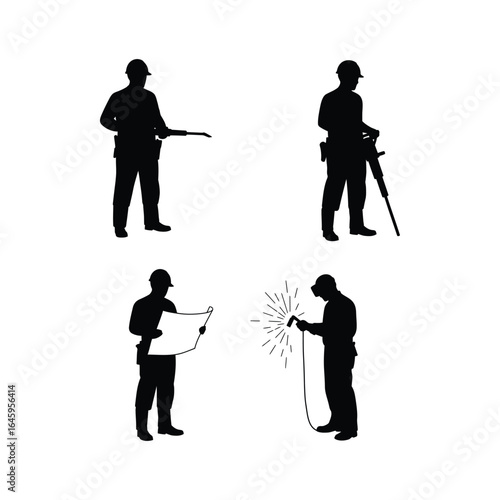 Silhouette illustrations of construction workers and engineers with tools, blueprints, and safety equipment on a construction site isolated on white background