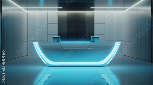 Wallpaper Mural Tech company reception counter mockup future technology office lighting space workplace interior registration copy space desk design indoor decoration front view green plant decor Torontodigital.ca