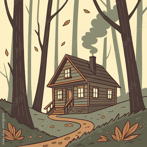 Illustration of a cozy cabin nestled in a forest with tall trees and a winding path leading to the entrance