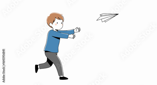Joyful child chases paper airplane flying in open space, capturing playful innocence and outdoor fun.