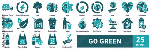 Go Green icon set. with icon garbage truck, renewable energy, tree, climate, gear, ecology, sustainable, save the world, love, environmental protection, environmental, leaf, eco fuel, recycle bin 