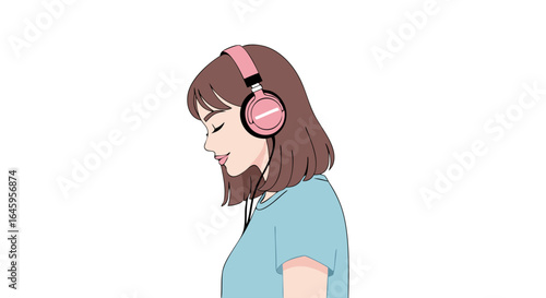 Serene young woman enjoying music with pink headphones, peaceful moment of auditory bliss.