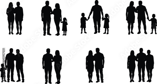 Family silhouette illustrations, parents and children holding hands, family love, togetherness, bonding, parent-child relationship, family moments, vector design