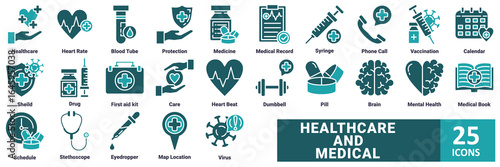 Healthcare and Medical icon set with icon Healthcare, Heart Rate, Blood Tube, Protection, Medicine, Medical Record, Syringe, Phone Call, Vaccination, Calendar, Shield, Drug, First aid kit, Care, 