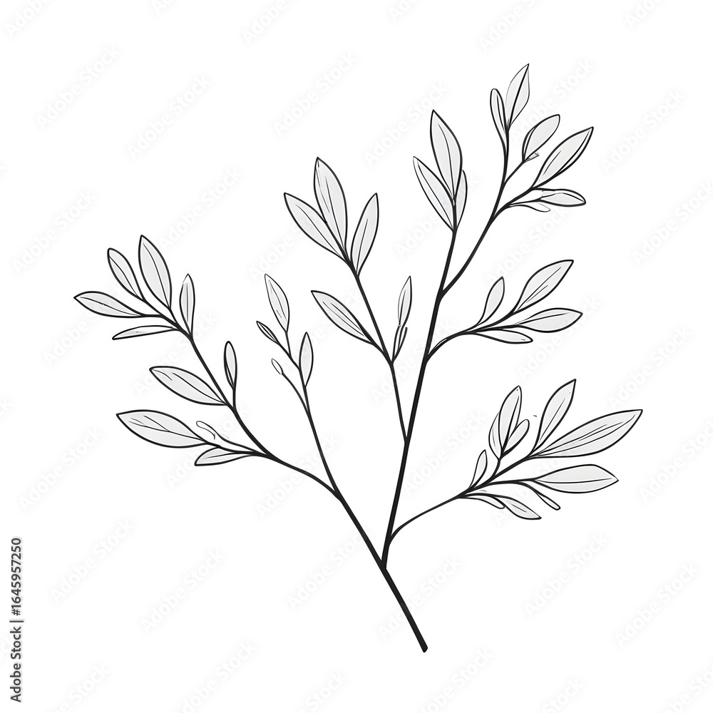 Naklejka premium Elegant botanical illustration of a branch with leaves in black and white ideal for minimalist design and nature themed projects invitations and decorative elements for your creative projects