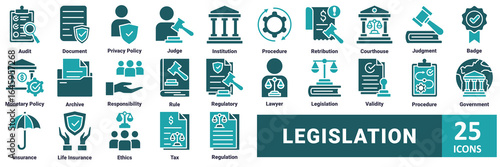 Legislation icon set. with icon audit, document, privacy policy, judge, institution, procedure, retribution, courthouse, judgment, badge, monetary policy, archive, responsibility, rule, regulatory 