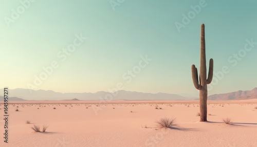 Lone saguaro cactus in vast pink desert landscape with distant mountains under pale blue sky. Arid scenery shows resilience and survival in harsh dry environment.