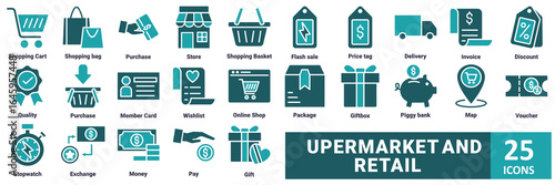 Retail and Supermarket icon set. with icon shopping cart, shopping bag, purchase, store, shopping basket, flash sale, price tag, delivery, invoice, discount, quality, purchase, member card, wishlist 