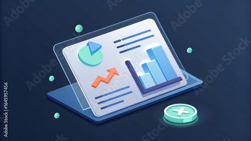 3d visualization of a financial report with charts, graphs, and data points, indicating business analysis and market trends