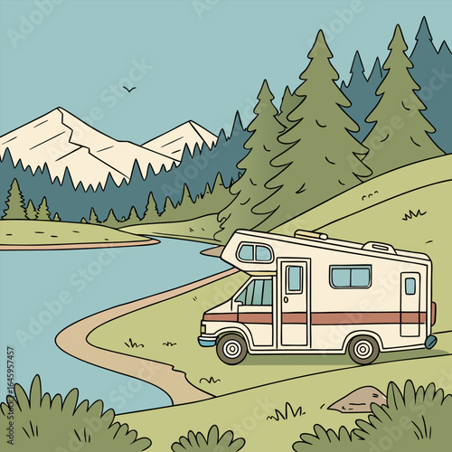Illustration of a camper van parked near a lake surrounded by mountains and trees on a sunny day trip