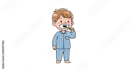 Cute boy in pajamas happily brushing teeth with toothpaste foam, daily hygiene routine